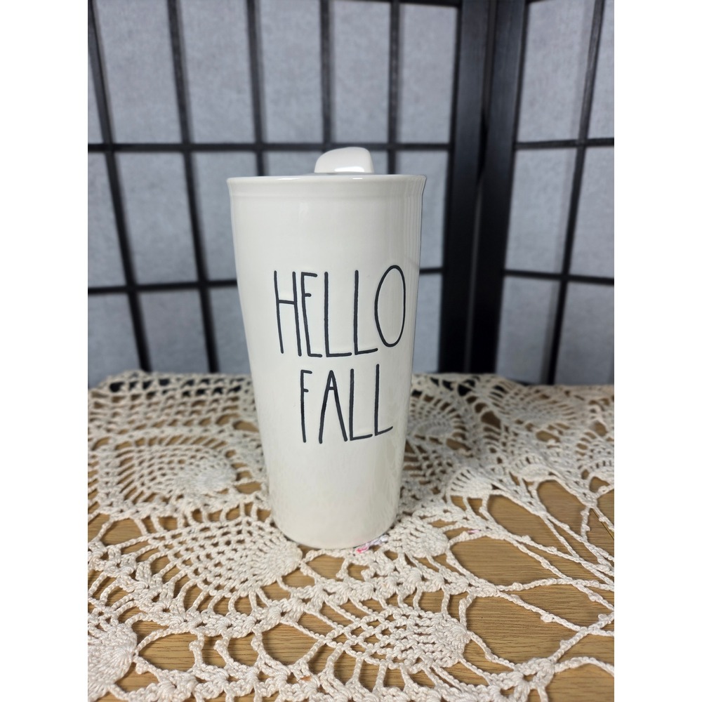 Rae Dunn Hello Fall Ceramic Travel Tumbler Mug with Lid White Black Lettering